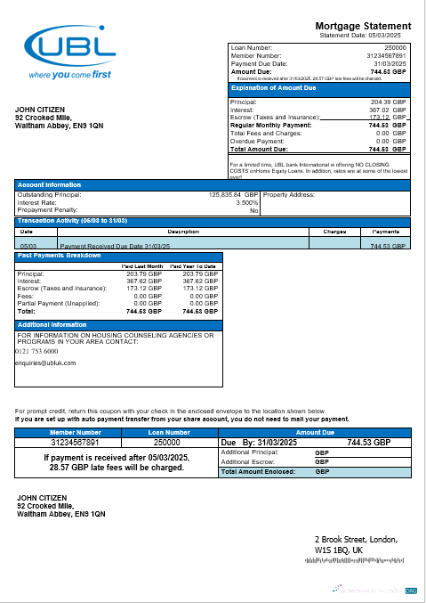 United Kingdom United Bank Ltd (UBL) bank mortgage statement in Word and PDF formats